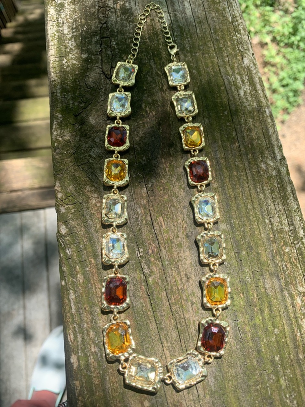 New Necklace Topaz Amber Clear Rhinestone Gold Tone Chunky Chain Jewelry